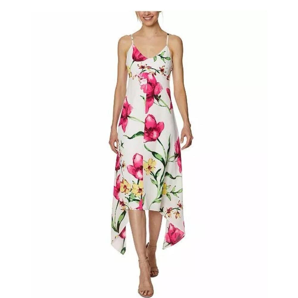 Laundry Shelli Segal Hankerchief Dress Pink Floral Lined Midi Sz 4 Resort Tropic